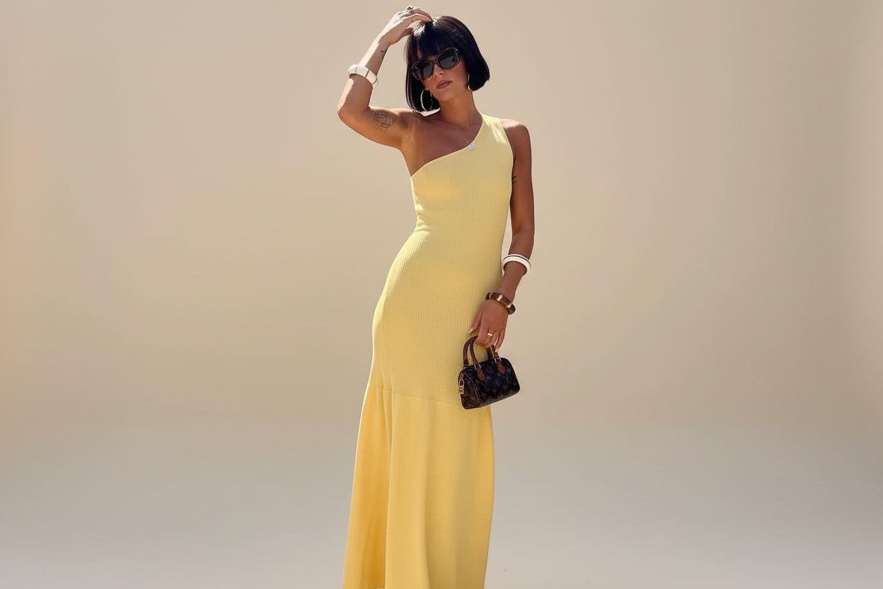 Asymmetric Sleeveless Knit Maxi Dress — Detail View