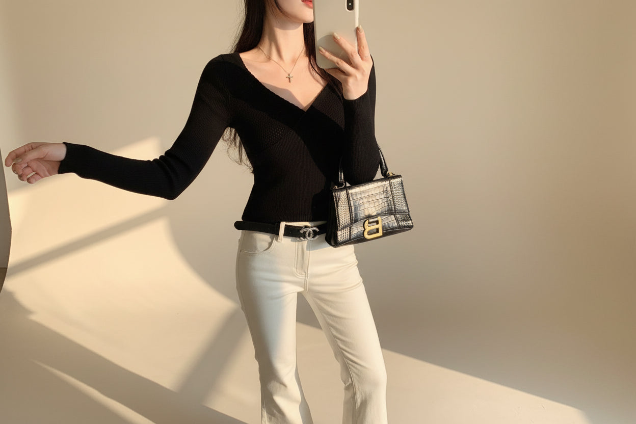 V-Neck Openwork Long Sleeve Knit Top — alternate angle