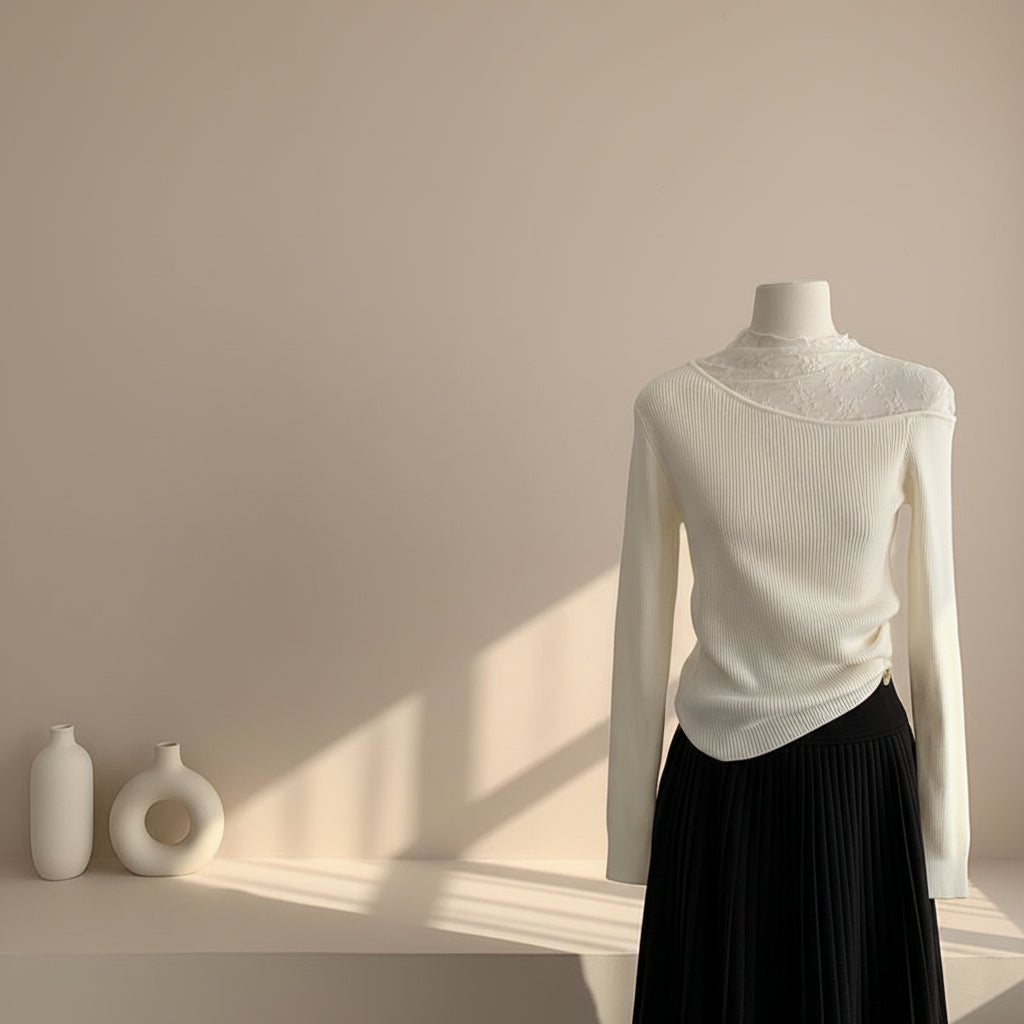 ELNOVÉ Lace Panel High Neck Knit Top