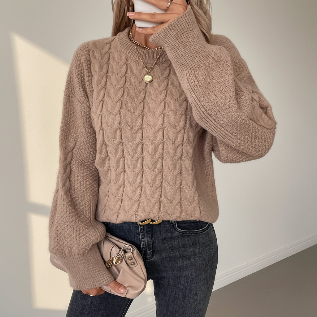 Oversized Cable Knit Crew Neck Sweater — Detail View 5