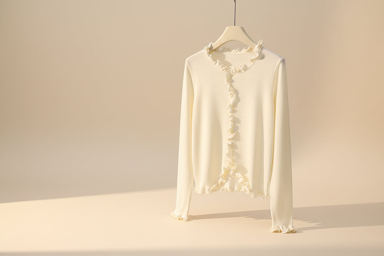 Ruffled Round Neck Knit Sweater — Back View