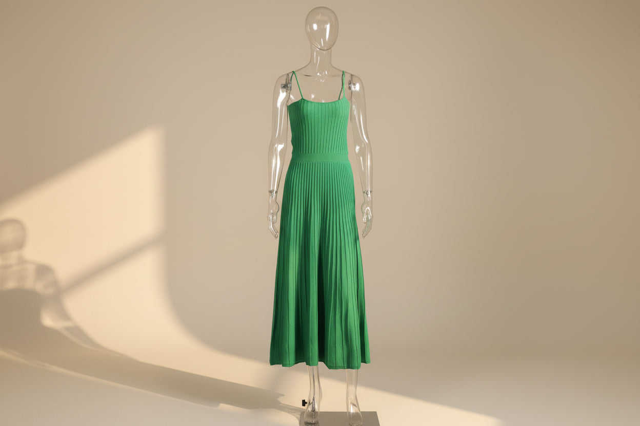 Solid Pleated Knit Slip Dress — detail view