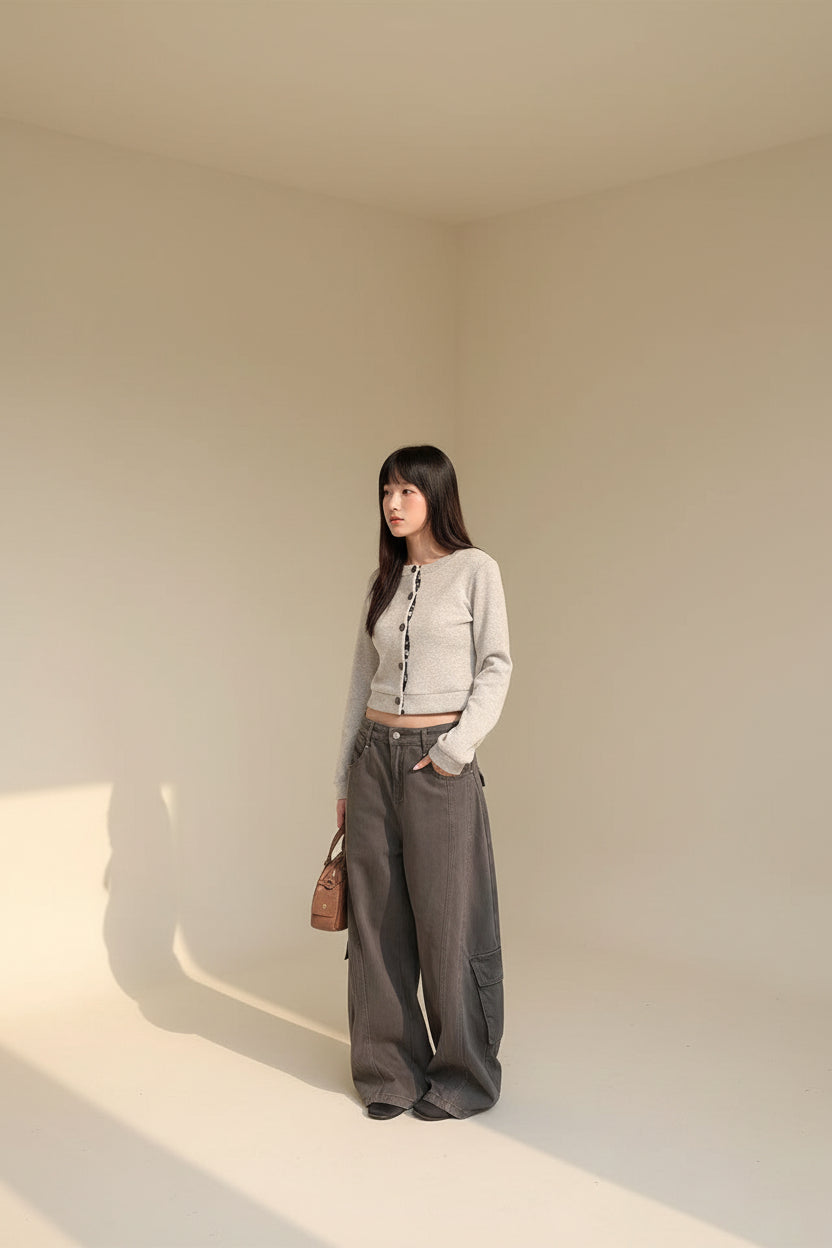 Wooden Button Patchwork Knit Cardigan — Styling Detail