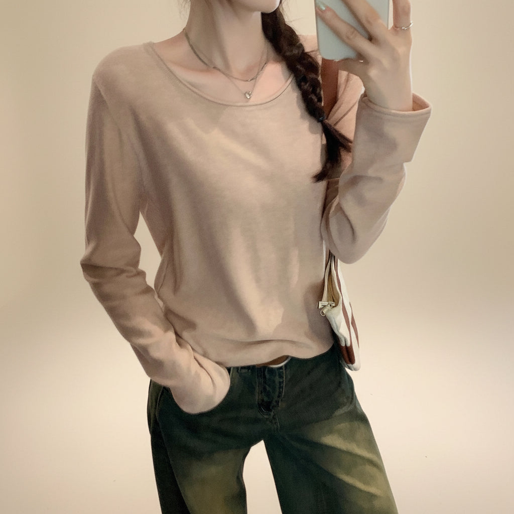 Round Neck Long Sleeve Knit Tee — Front View