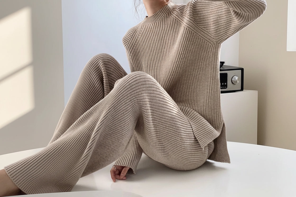 Slit Knit Sweater & Wide Leg Pants Set — Detail View 3