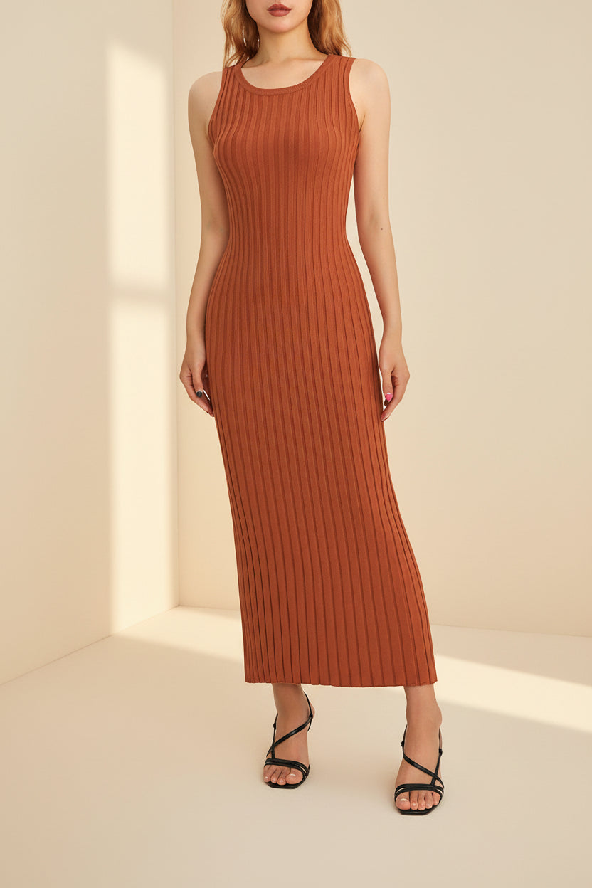 Pleated Ribbed Knit Tank Maxi Dress — detail view