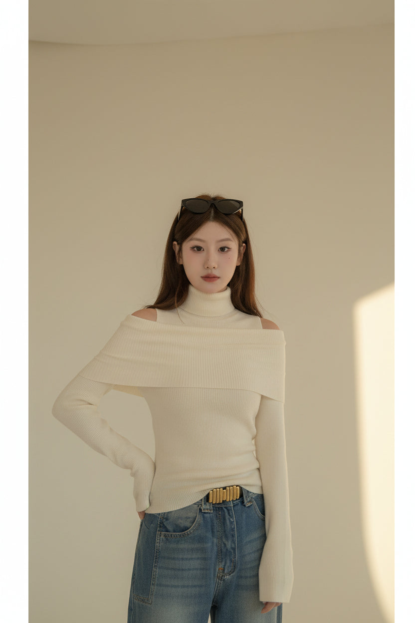 High Neck Solid Knit Sweater — Back View