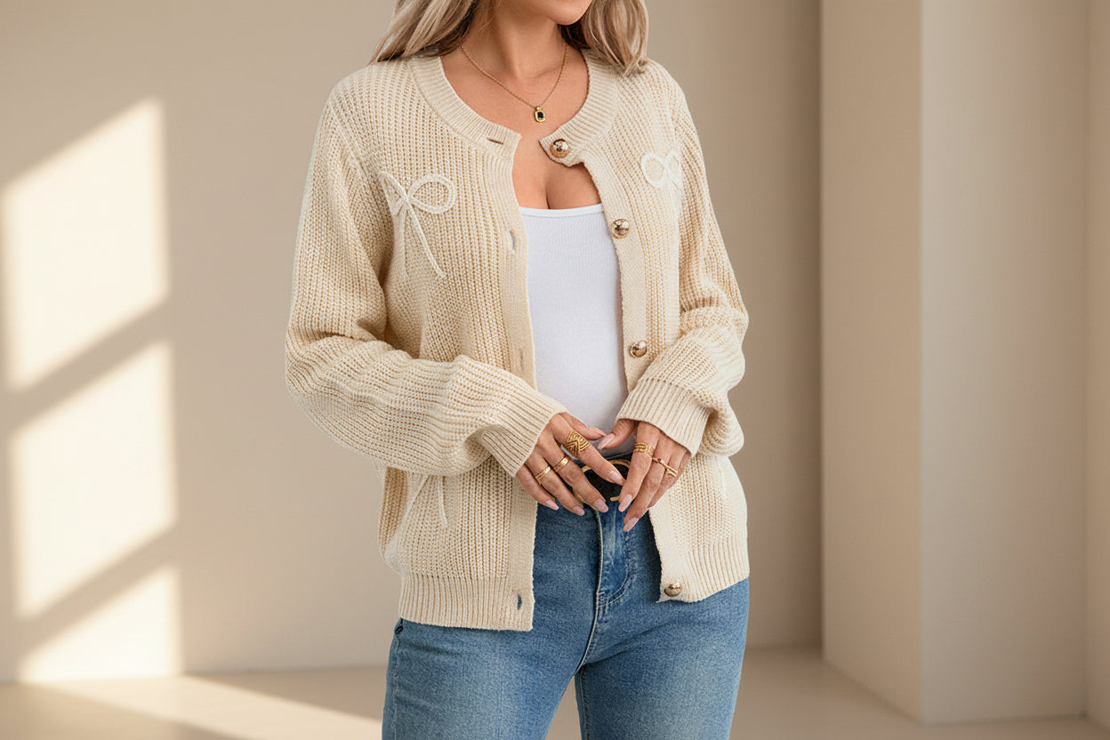 Chiffon-Trim Knit Cardigan Coat — Front View