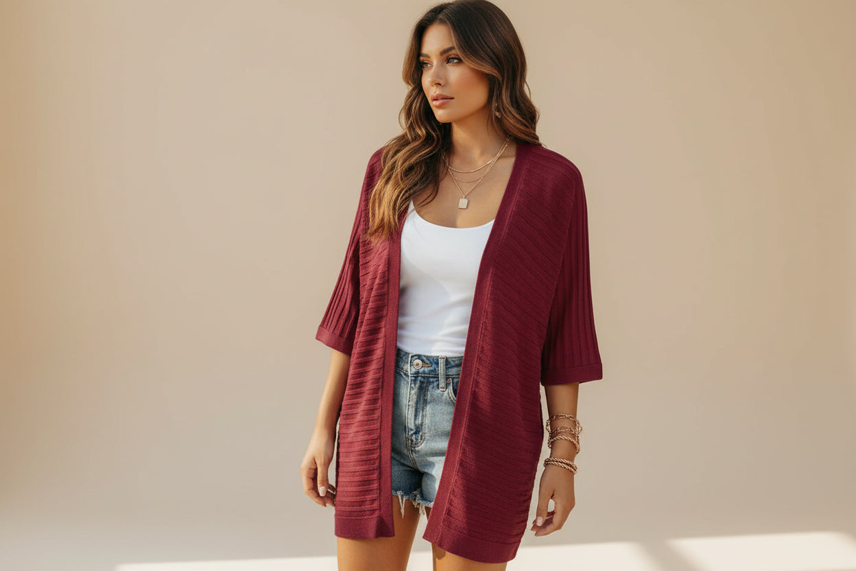 Striped Open Front Knit Cardigan — Detail View 1