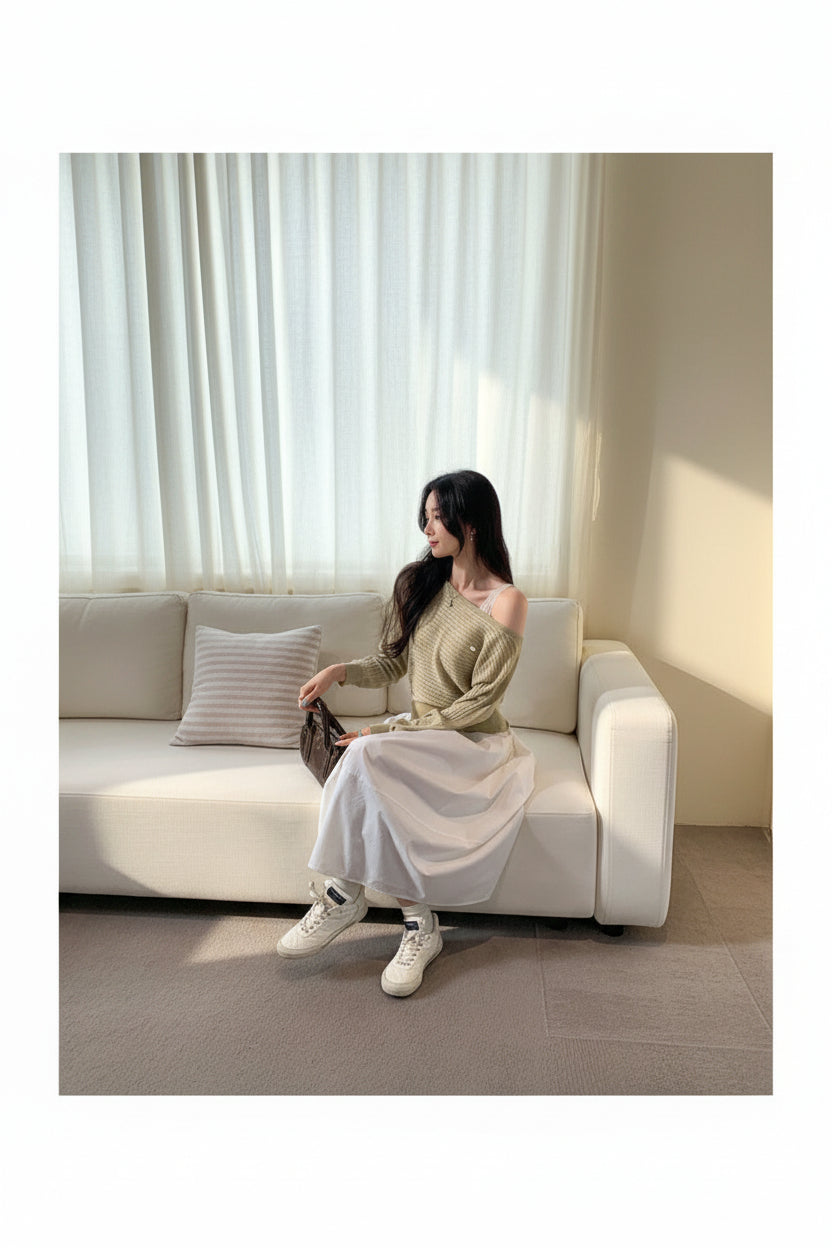 ELNOVÉ Off-Shoulder Cable Knit Sweater