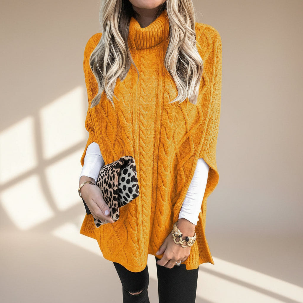 Cable Knit High Neck Poncho — Detail View 5