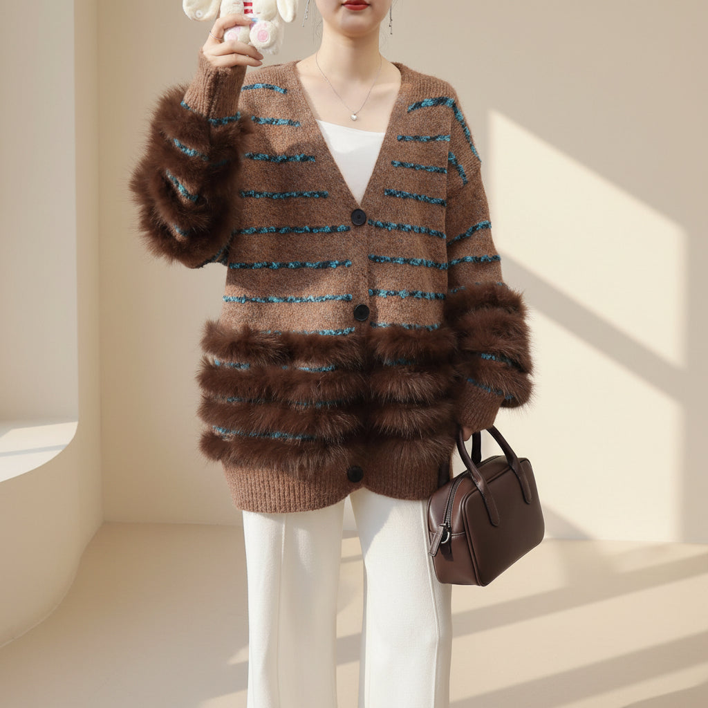 ELNOVÉ Fuzzy Striped Knit Cardigan
