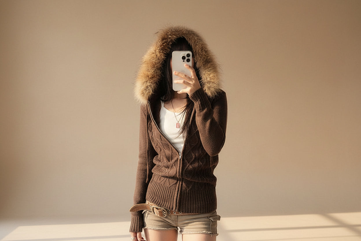 ELNOVÉ Cable Knit Hooded Zip Cardigan