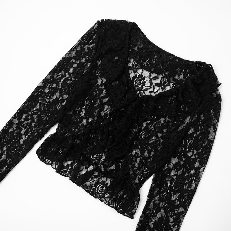 lace-spliced V-neck knit top