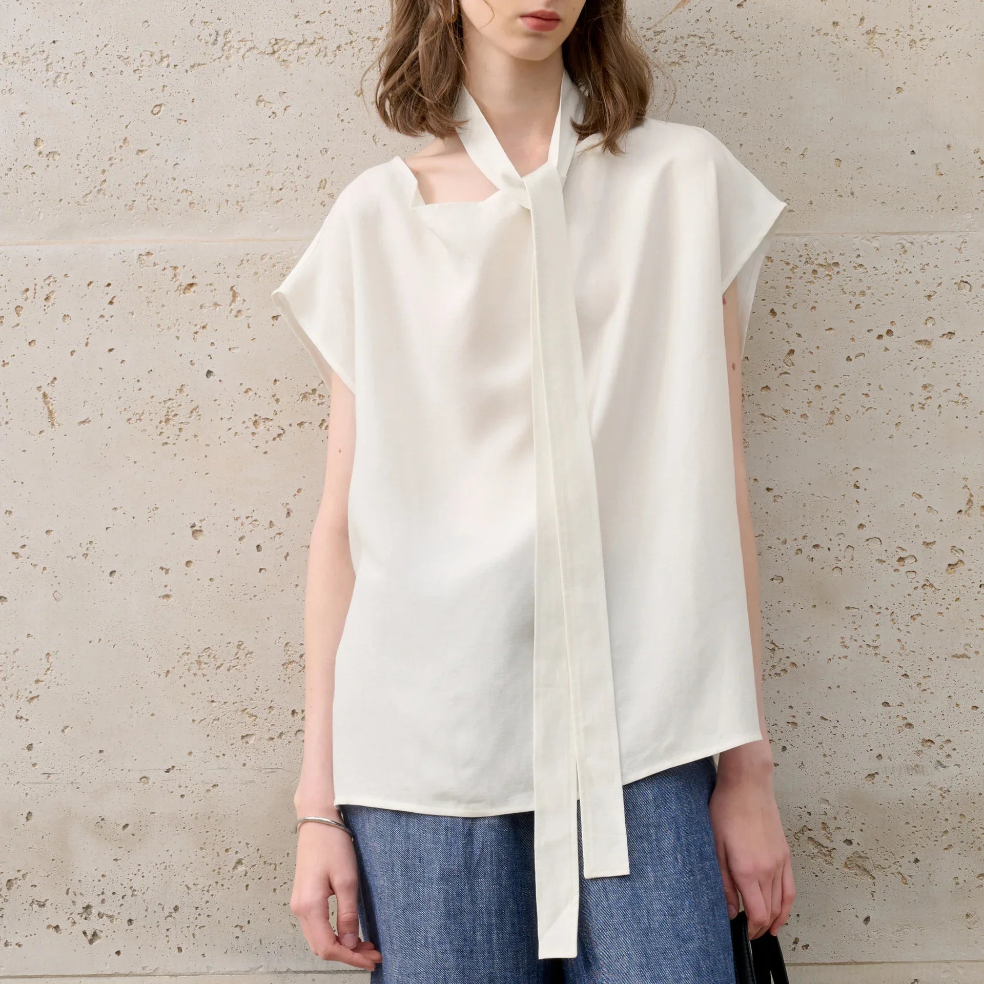 Simone Tencel Swing-Collar Belted Top