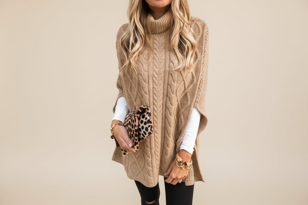 Cable Knit High Neck Poncho — Detail View 10