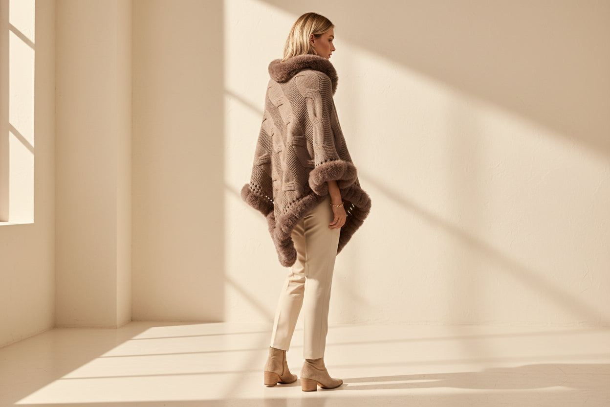 Fuzzy Hem Cable-Knit Poncho — Back View