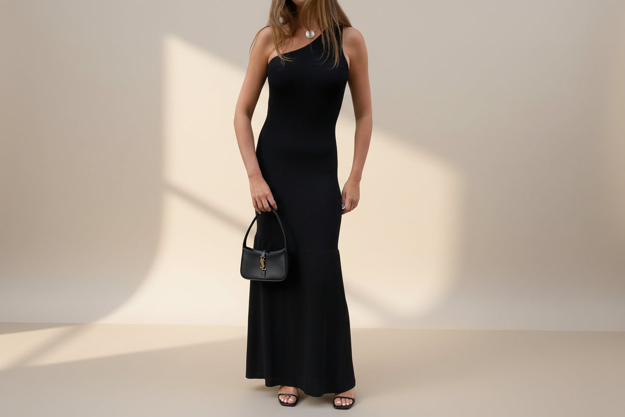 Asymmetric Sleeveless Knit Maxi Dress — Styling View