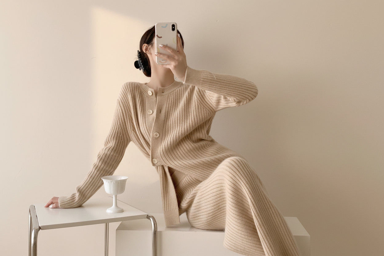 Stand Collar Split Knit Sweater & Pants Set — Detail View 5