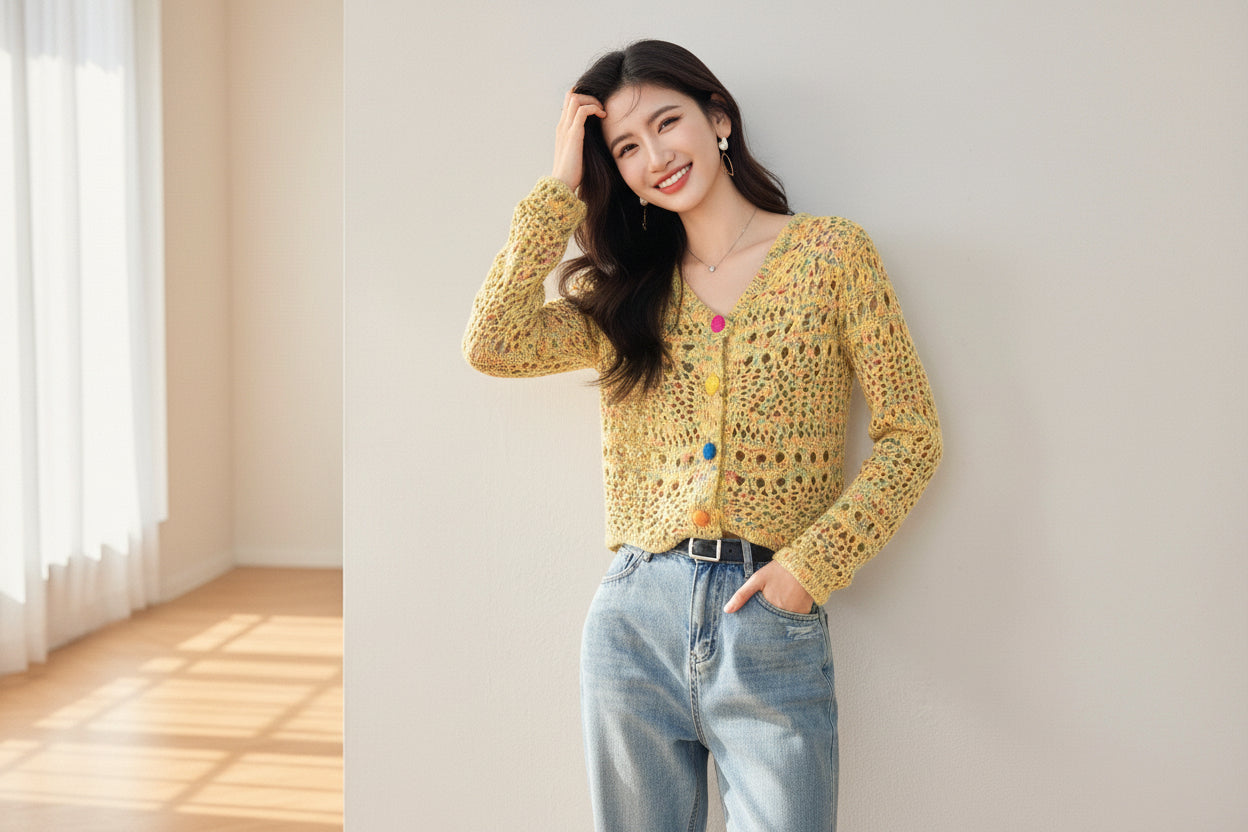 Yellow Hollow Knit Cardigan — View 3