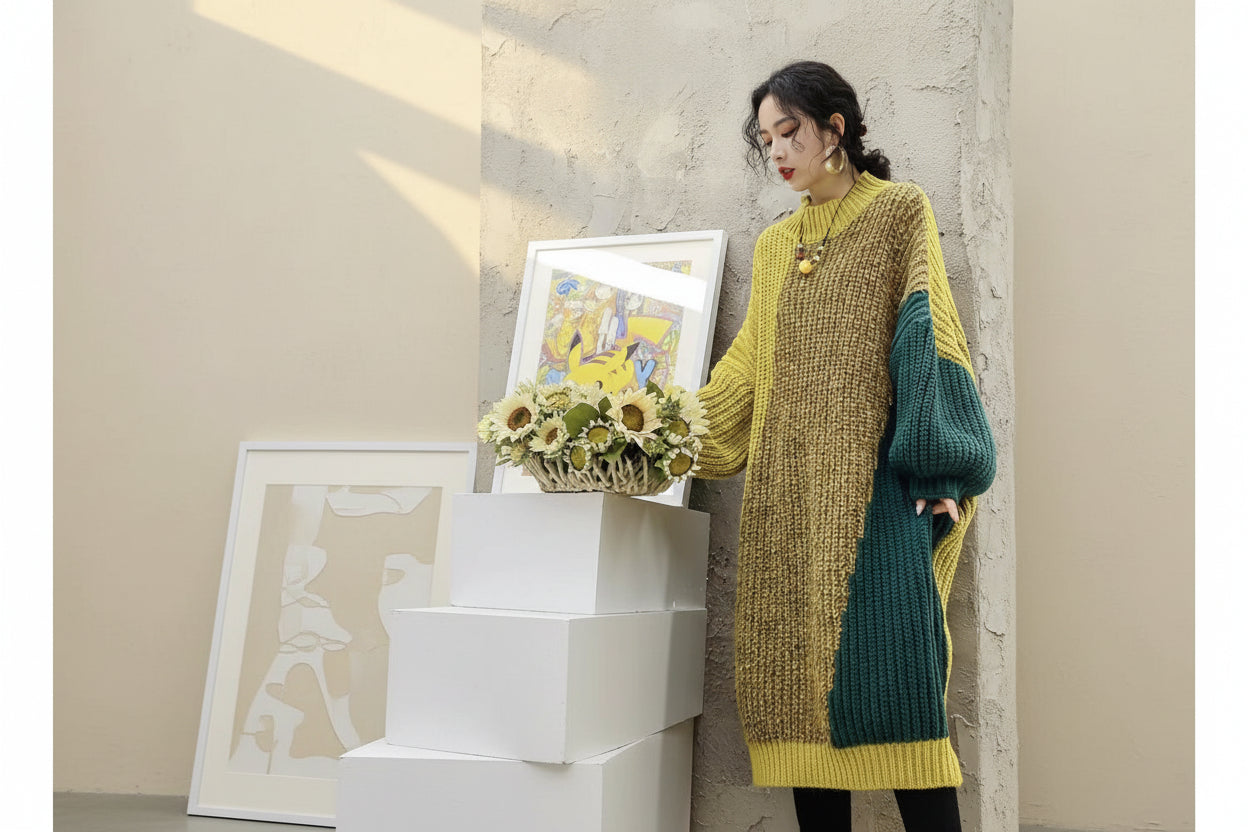 ELNOVÉ Striped Oversized Knit Sweater Dress