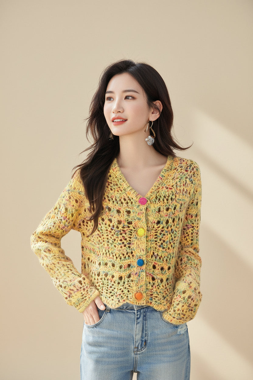 Yellow Hollow Knit Cardigan — View 5