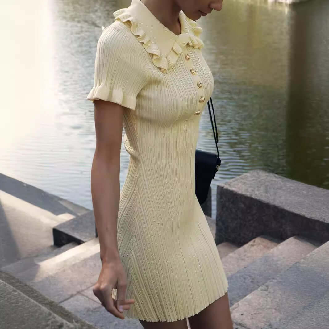 ruffle-trim polo knit dress#Color_Yellow