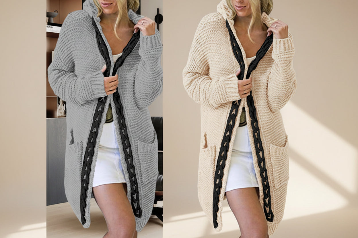 Hooded Cable Knit Colorblock Cardigan — Back View