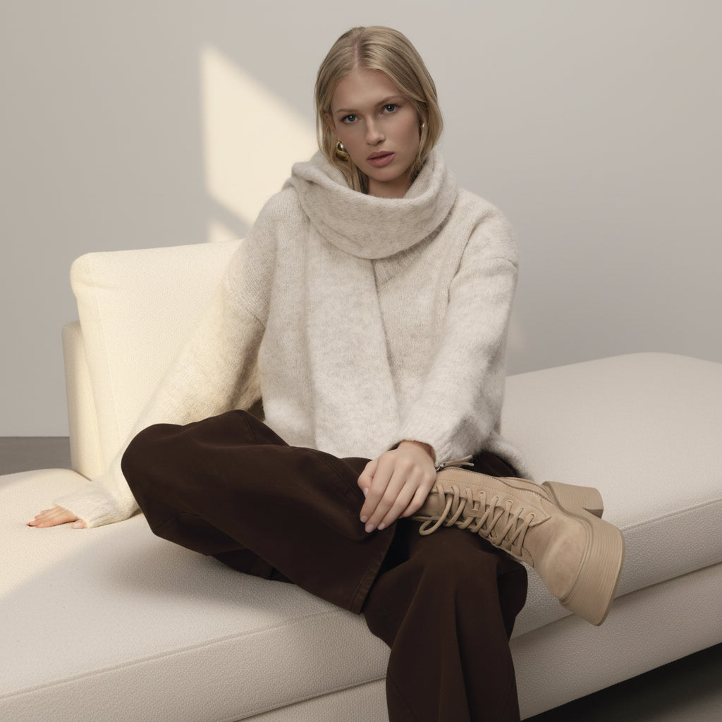 Crew Neck Knit Sweater & Scarf Set — Front View