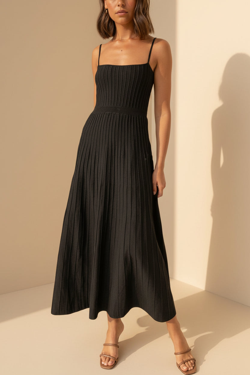 Solid Pleated Knit Slip Dress — back view