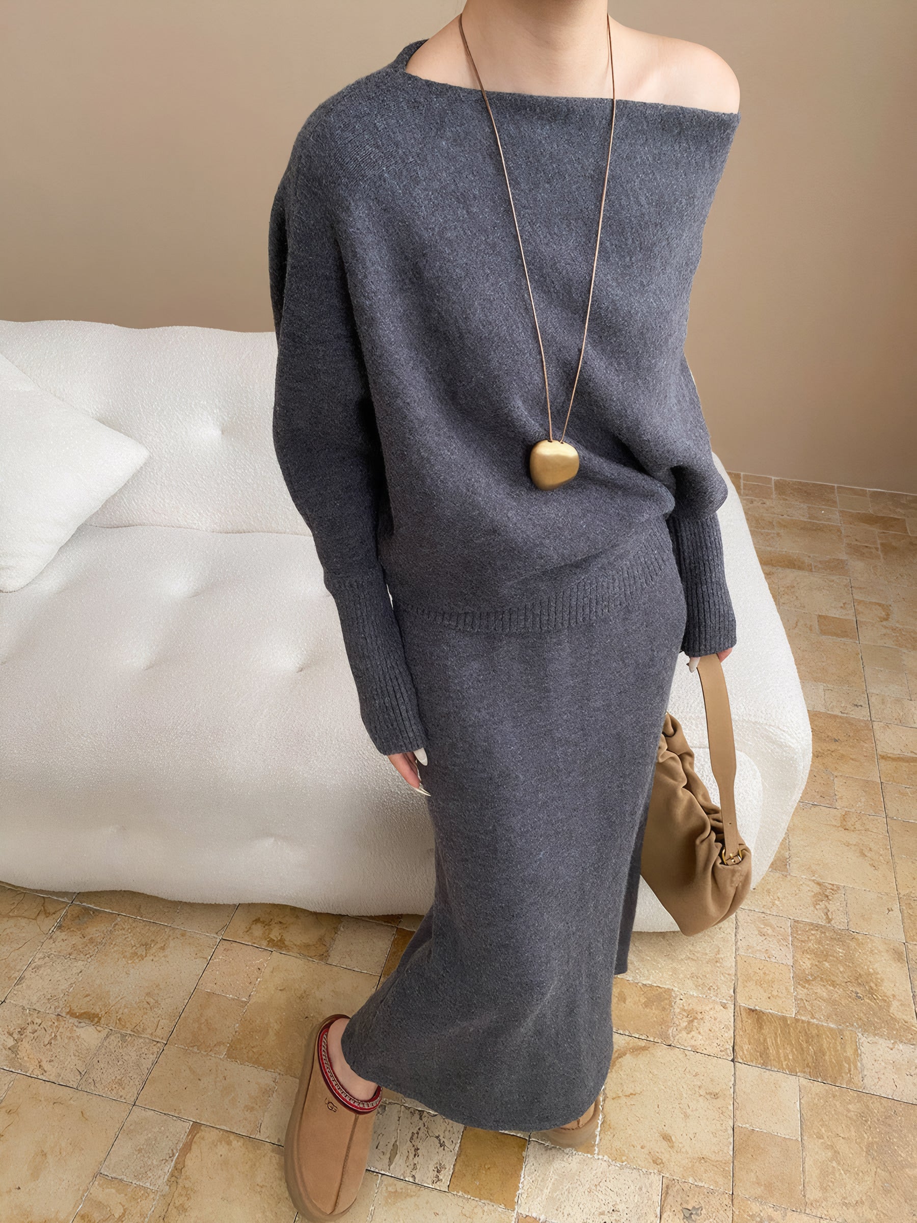 batwing off-shoulder knit two-piece set#Color_Gray