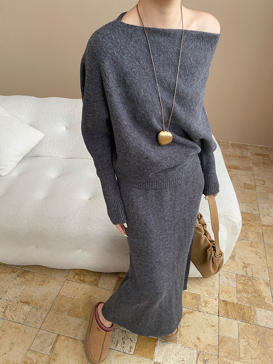 batwing off-shoulder knit two-piece set#Color_Gray