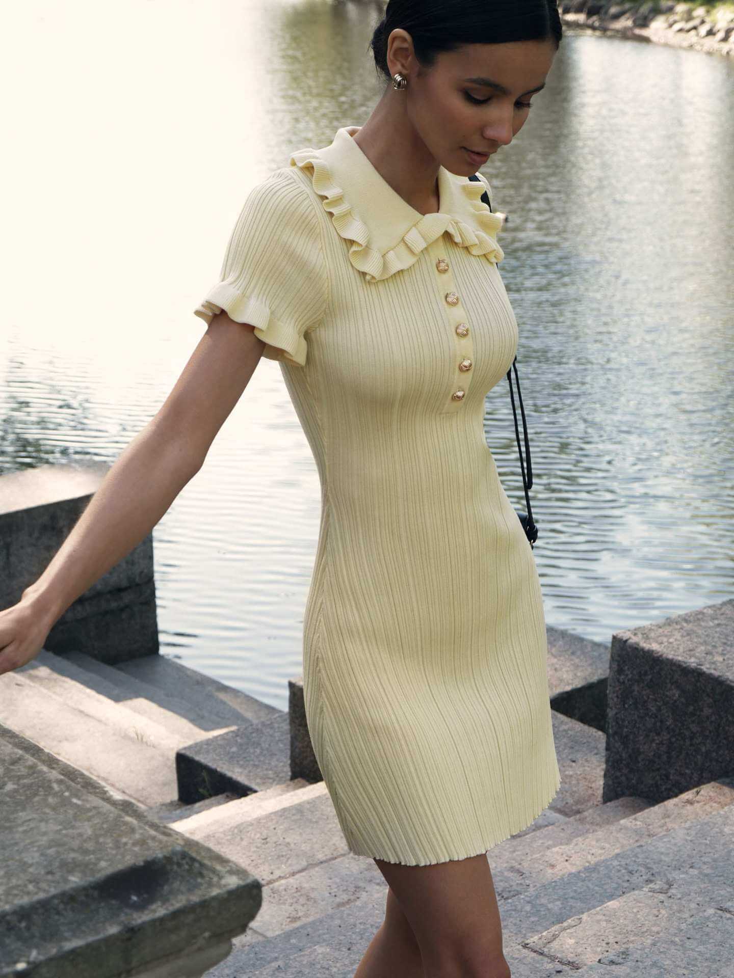 ruffle-trim polo knit dress#Color_Yellow