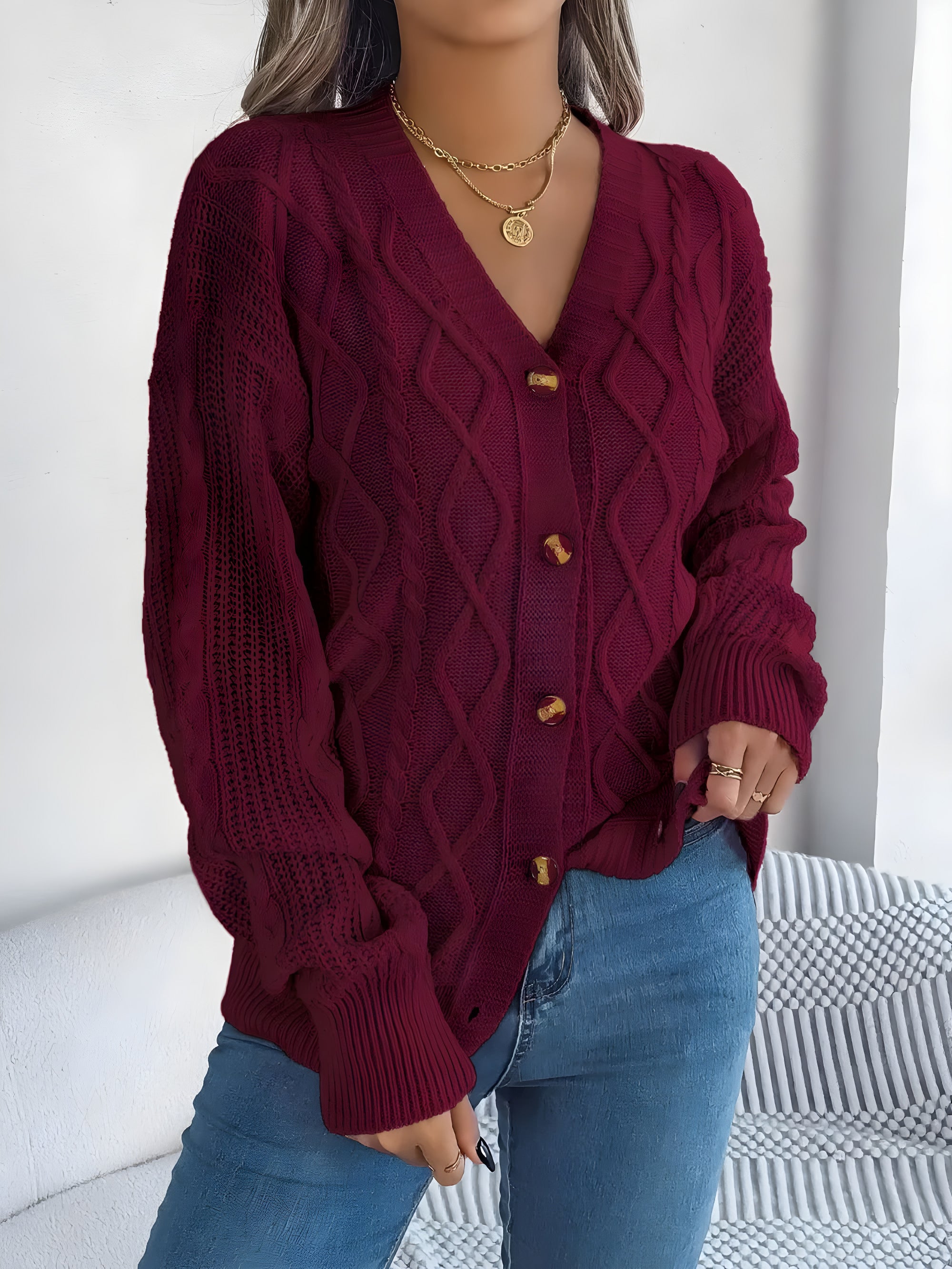 cable-knit V-neck cardigan #Color_Burgundy