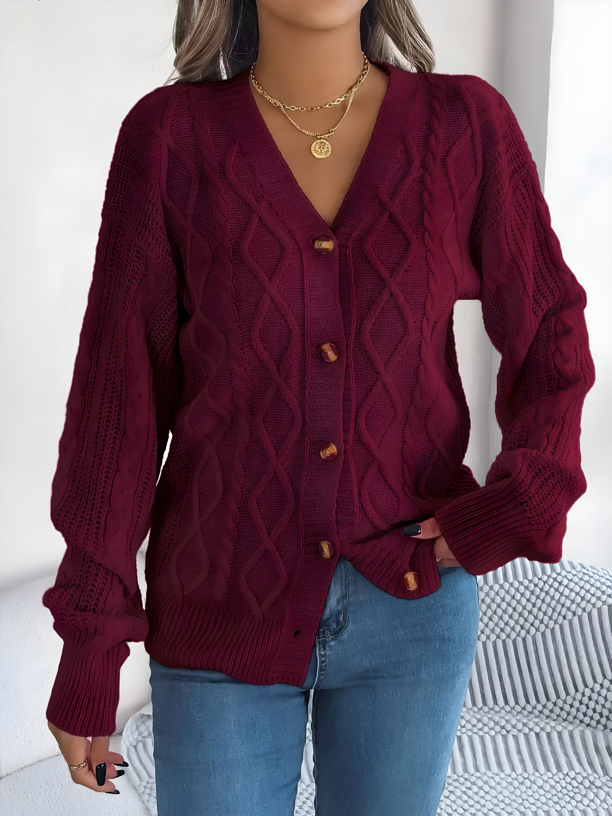 cable-knit V-neck cardigan #Color_Burgundy