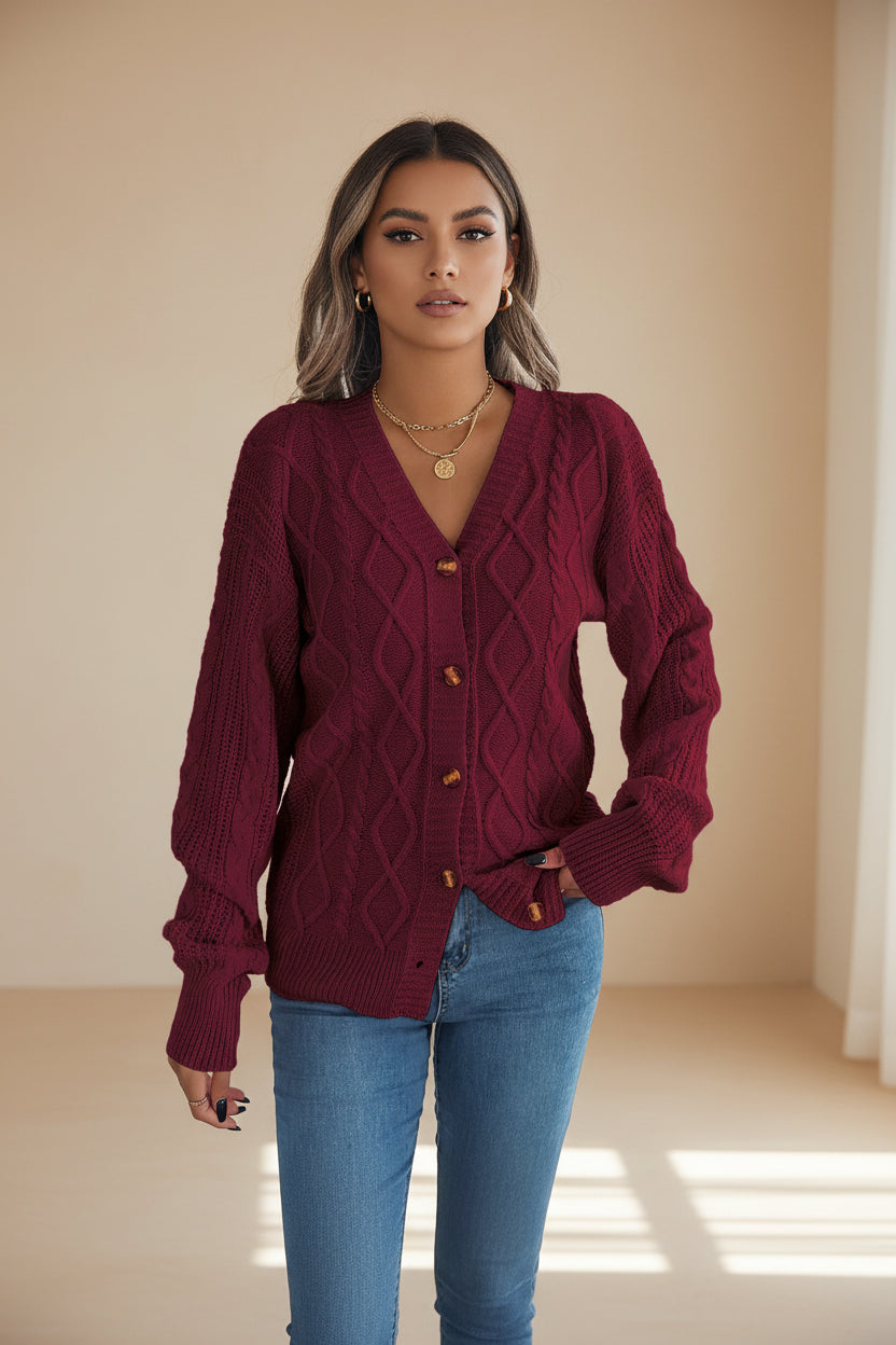 Cable-Knit Long Sleeve Cardigan — Detail View 8