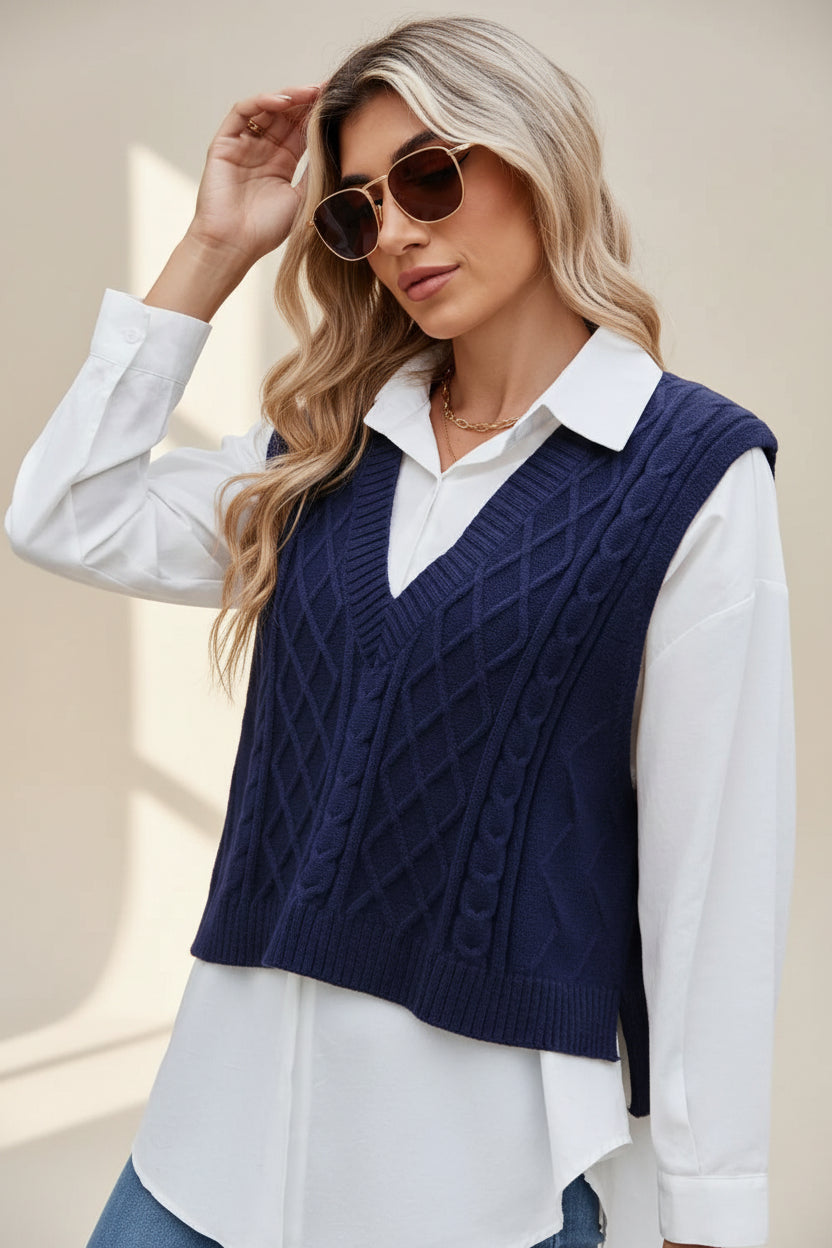 ELNOVÉ Cable-Knit V-Neck Sweater Vest