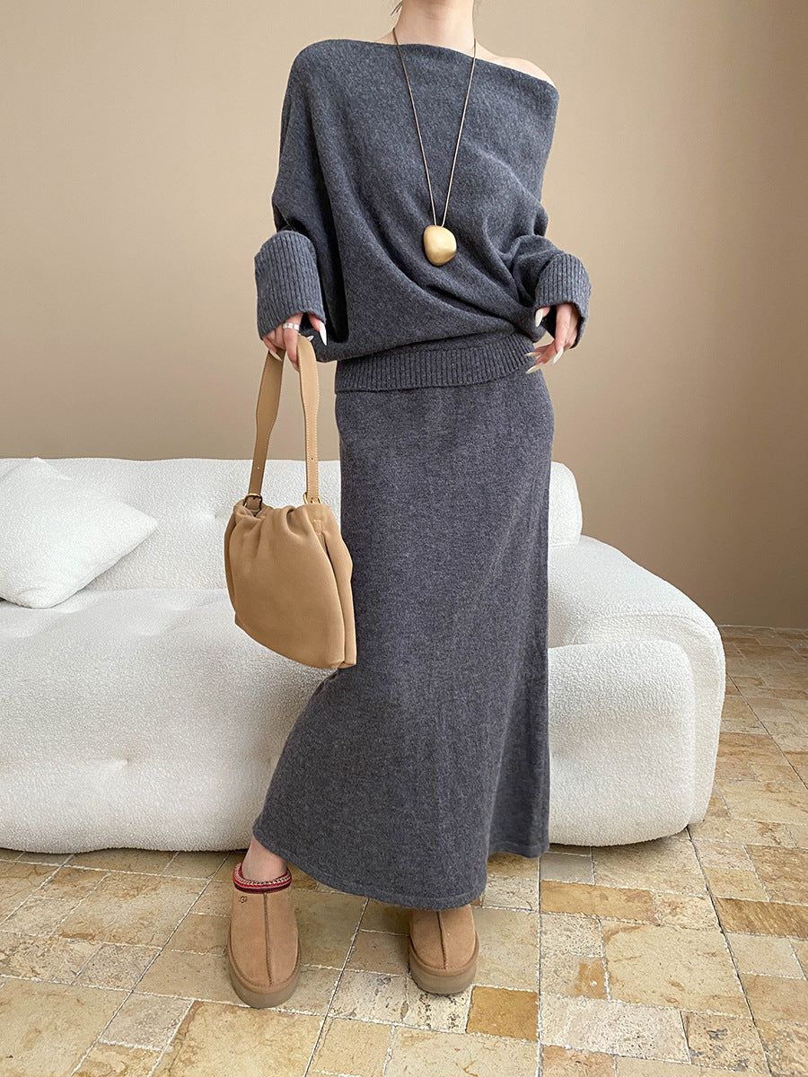 batwing off-shoulder knit two-piece set#Color_Gray