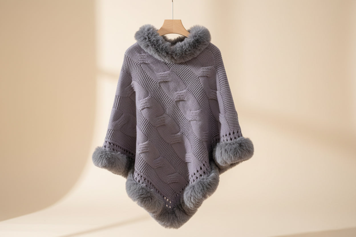 Fuzzy Hem Cable-Knit Poncho — Detail View 14