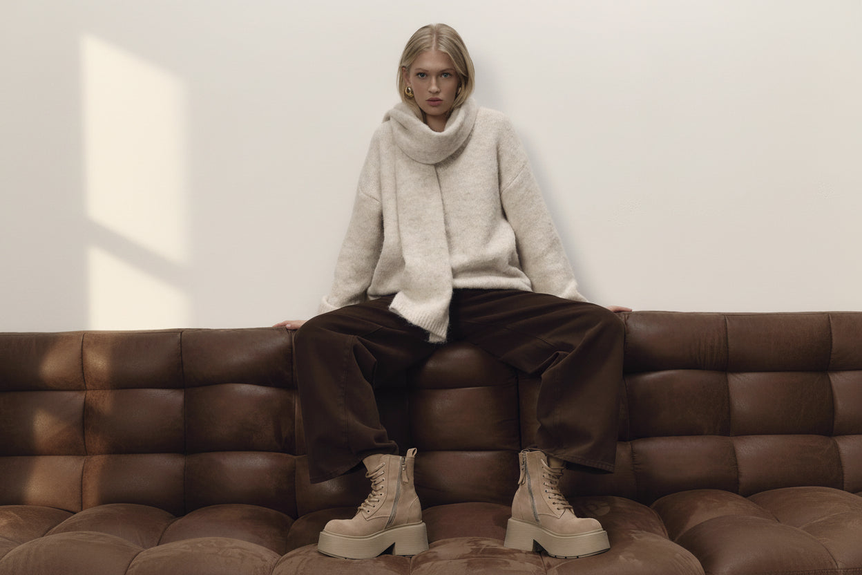 Crew Neck Knit Sweater & Scarf Set — Back View