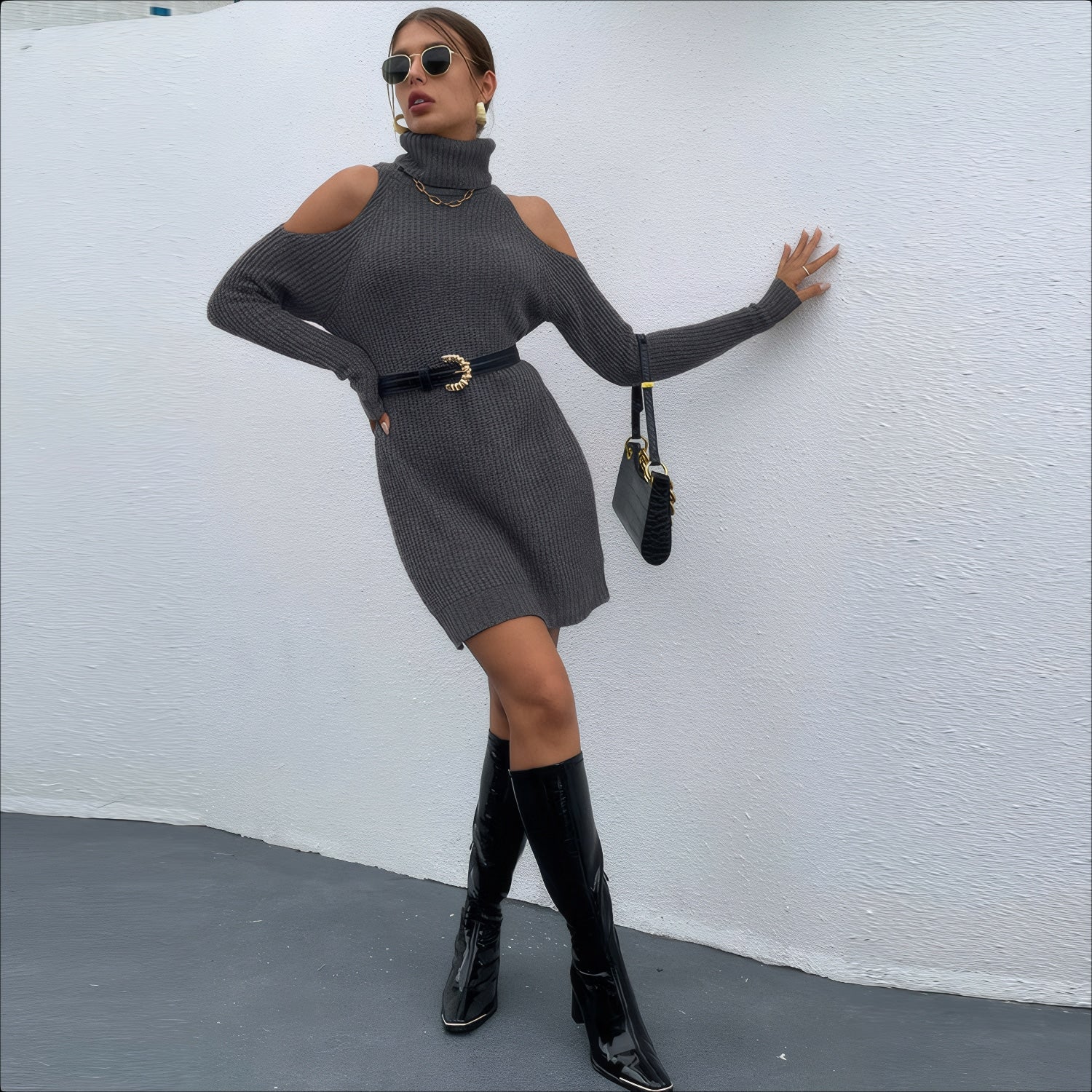 ELNOVÉ Celine Vestido de Punto con Cuello Alto - Vestido de punto