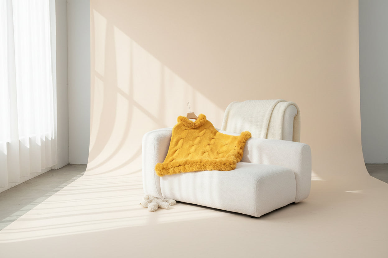 Fuzzy Hem Cable-Knit Poncho — Detail View 5