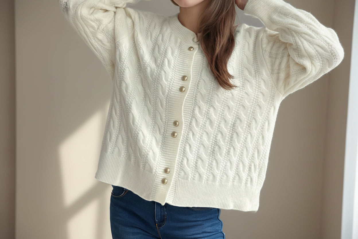 ELNOVÉ Cable-Knit Round Neck Cardigan