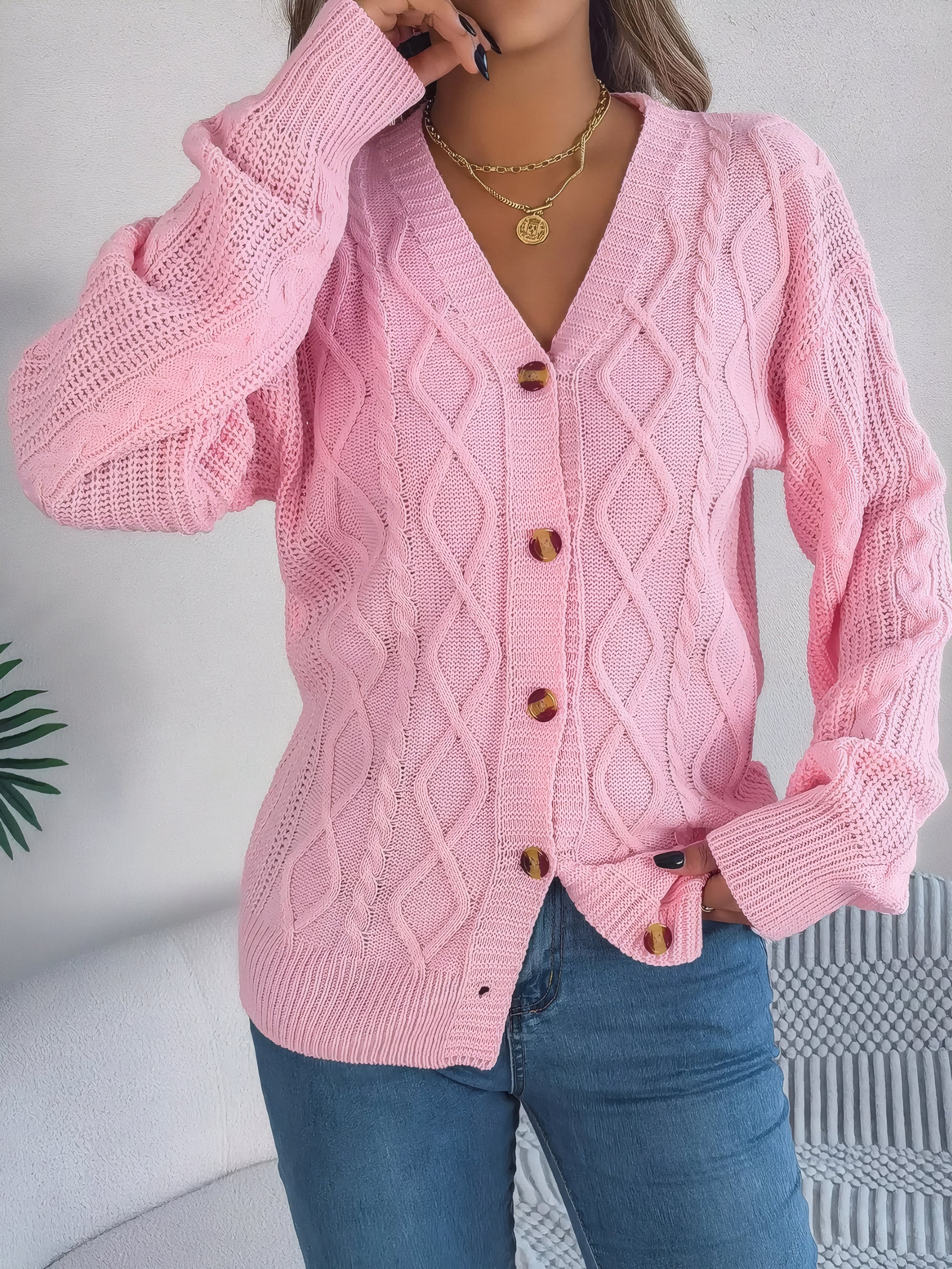 cardigan col en V maille torsadée #Color_Blush Pink