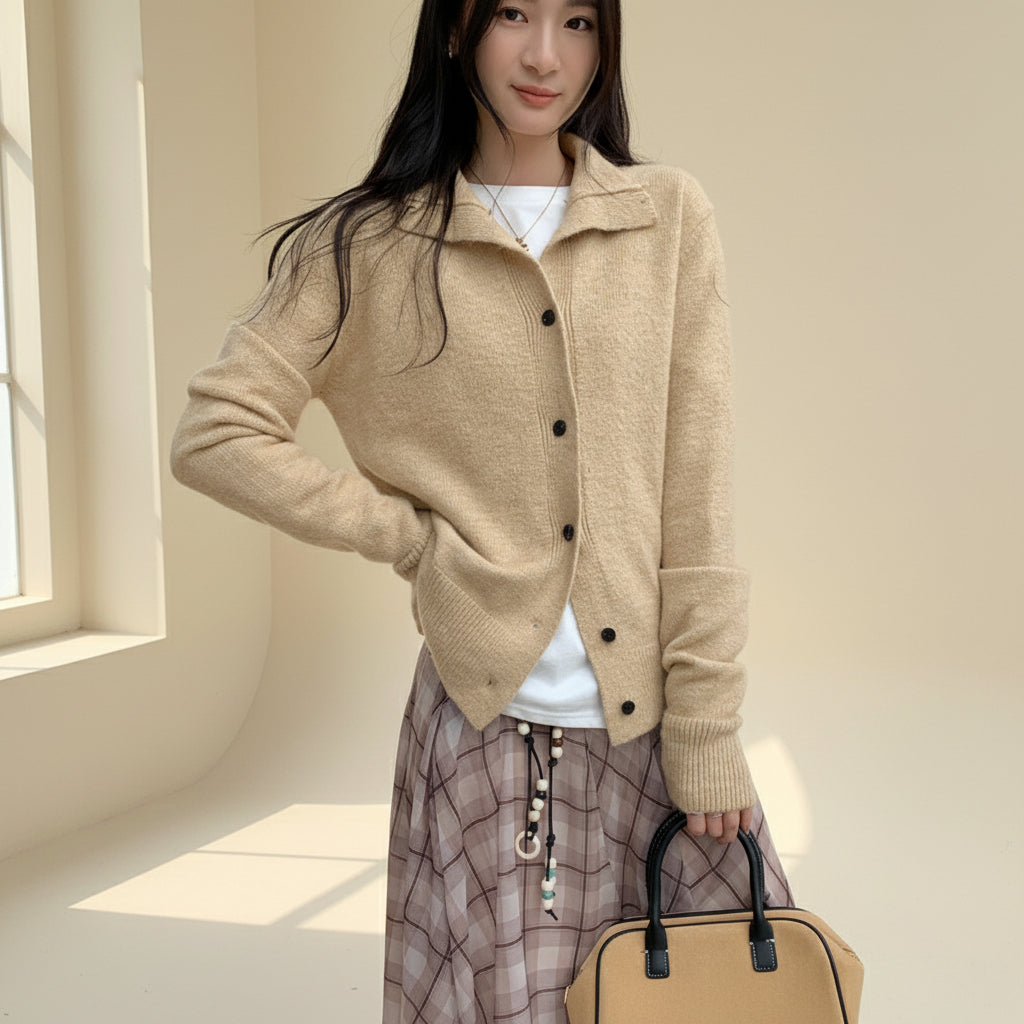 Relaxed High Neck Knit Cardigan — Detail View 4