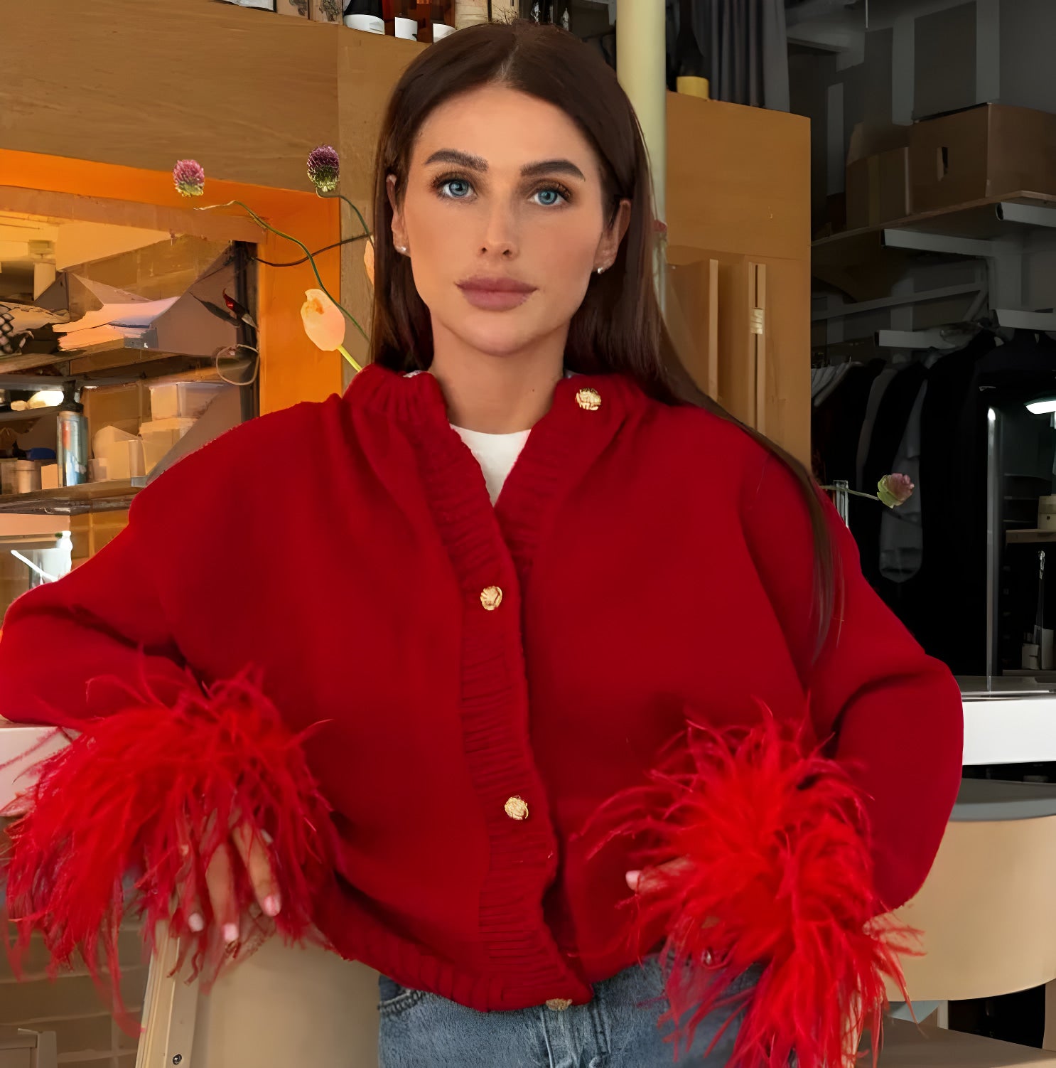 cardigan in maglia con rifiniture di piuma