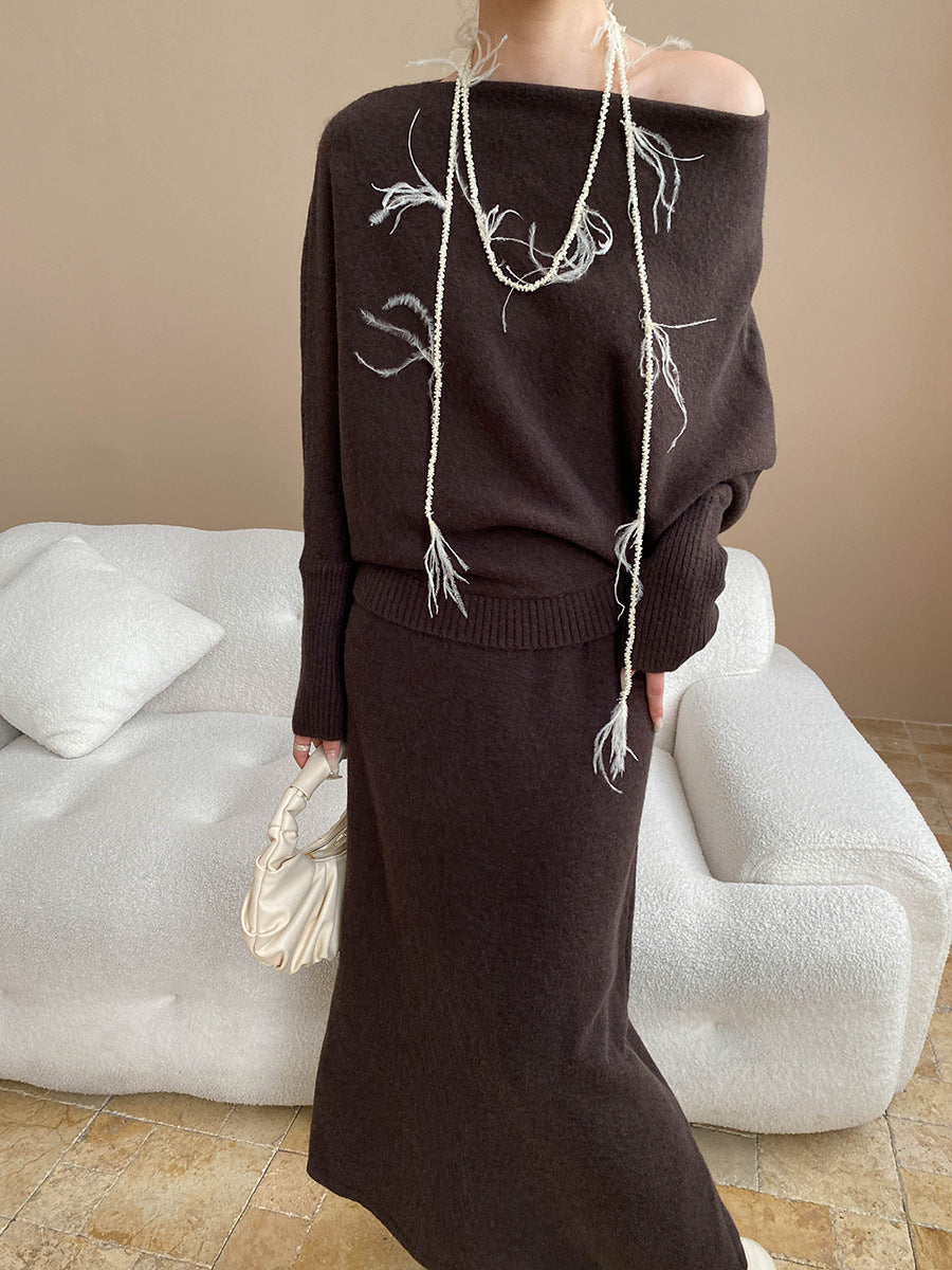 batwing off-shoulder knit two-piece set#Color_Brown