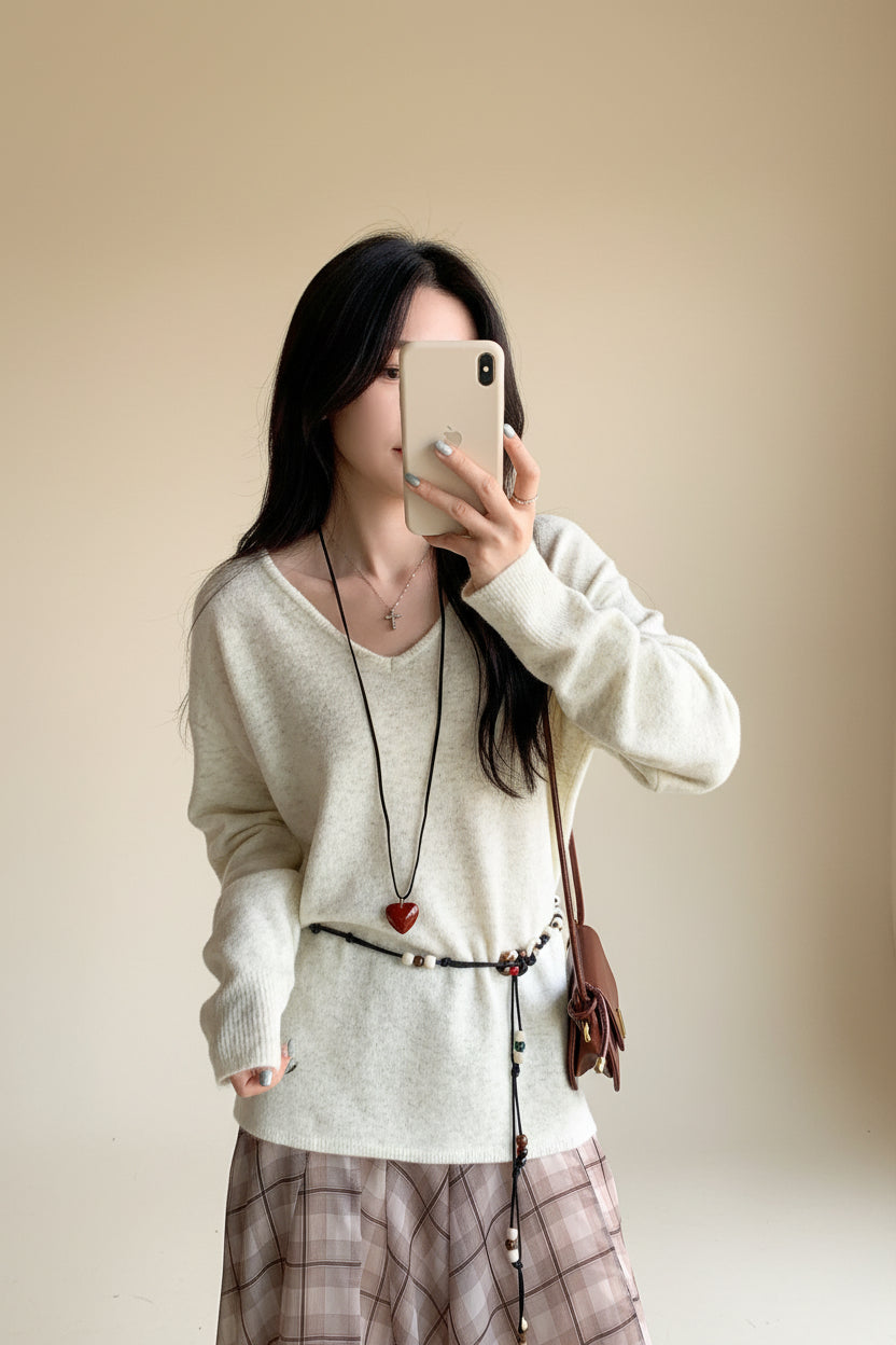 V-Neck Relaxed Knit Pullover — View 7
