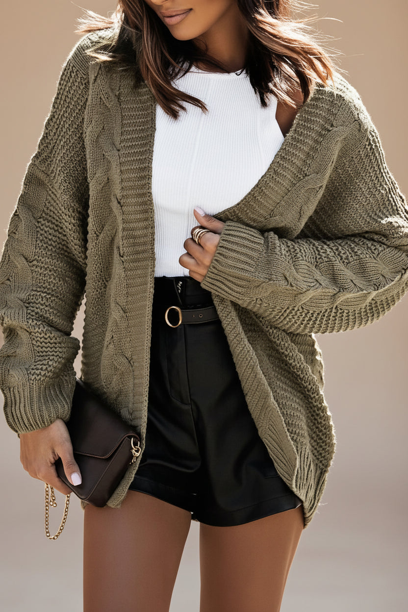 Cable-Knit Open Front Cardigan — Detail View 1