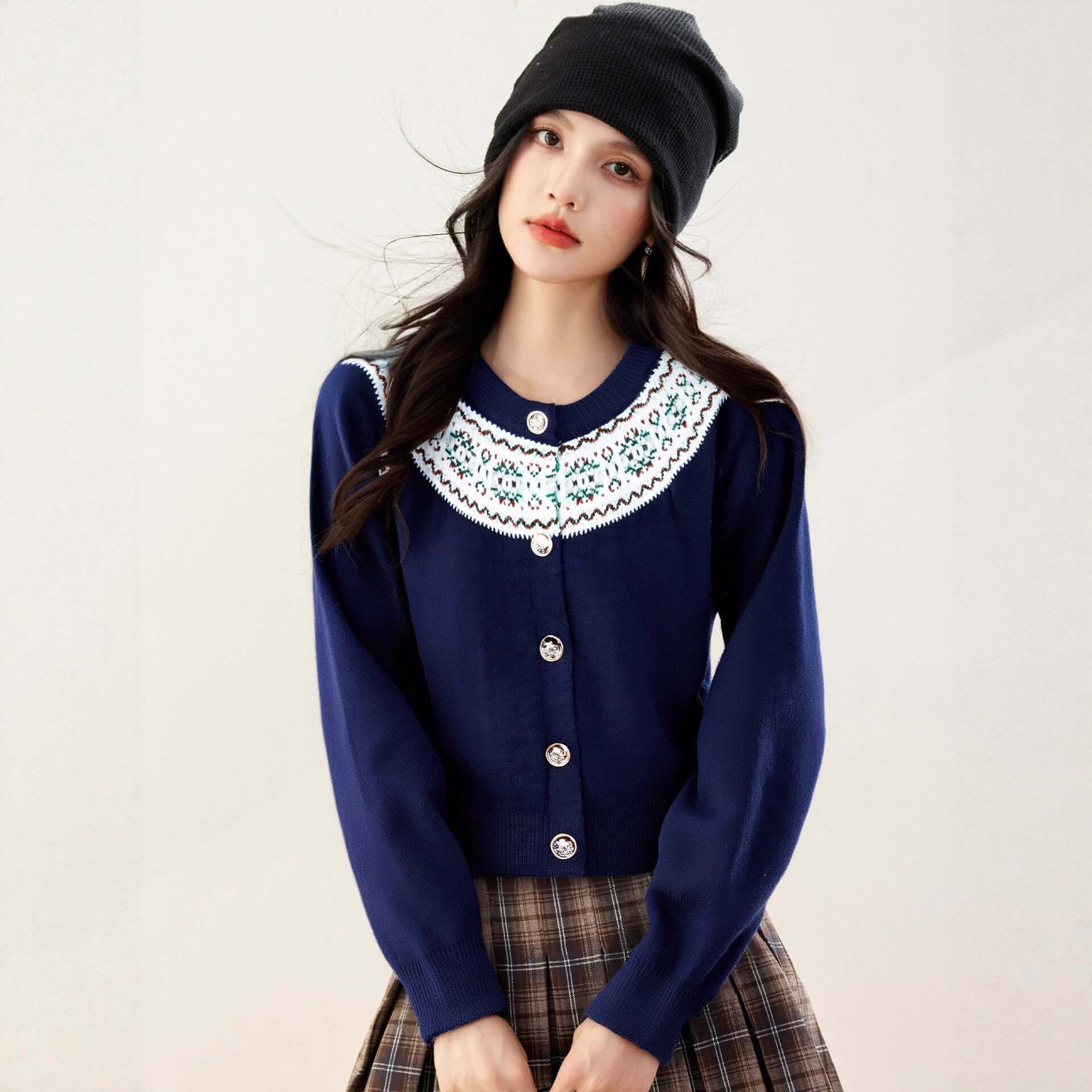 Inès Geometric Knit Cardigan #Color_Navy Blue